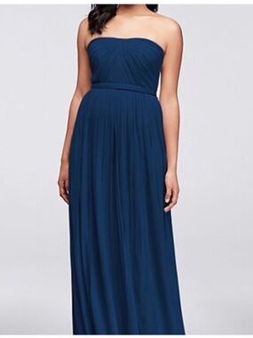 David's Bridal Navy Strapless Pleated Maxi Dress